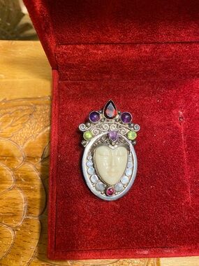 Sajen Sterling Multicolor Gemstone Carved Goddess Pendant/Brooch